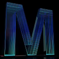 Glowing Blue Cyan Striped 3D Letter M Design With Light Effects On Black Background