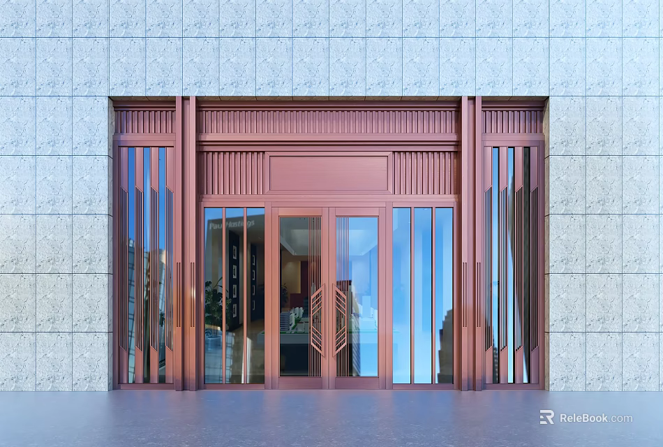 Modern Copper Frame Entrance Gate With Glass Doors And Stone Wall Exterior 3d model 