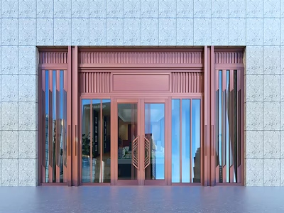 Modern Copper Frame Entrance Gate With Glass Doors And Stone Wall Exterior 3d model