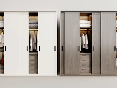 Modern White and Grey Wardrobe Interior With Sliding Doors Hanging Rails and Drawers 3d model