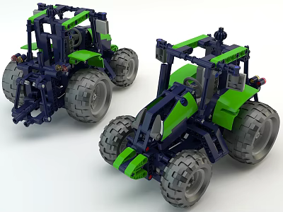 Electric Toy Tractor With Green And Dark Blue Design Big Tires Building Block Style 3d model