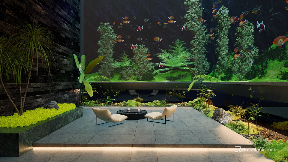 Tropical Garden Landscape With Large Aquarium Colorful Fish Green Plants And Paved Seating Area 3d model 