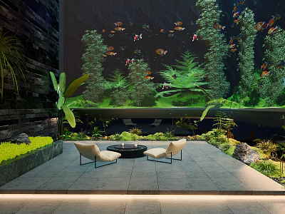 Tropical Garden Landscape With Large Aquarium Colorful Fish Green Plants And Paved Seating Area 3d model