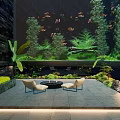Tropical Garden Landscape With Large Aquarium Colorful Fish Green Plants And Paved Seating Area