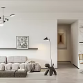 Modern Living and Dining Area Interior with Gray Sofa Hanging Lamps and Wooden Wall