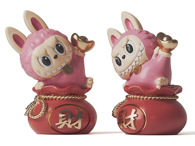 Pink Rabbit Sculptures Holding Gold Ingots On Red Fortune Bags With Chinese Characters 3d model
