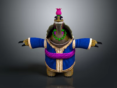 Fantasy Turtle Game Character With Blue Robe Green Bead Necklace And Pink Crown 3d model