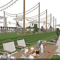 Garden Landscape With Green Lawn White Chairs Sunshades Decorative String Lights And Outdoor Dining Table