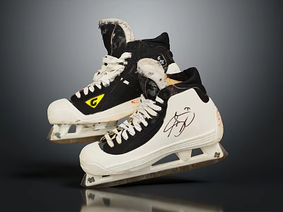 Black And White Ice Skates With Yellow Logo Signature And Metal Blades 3d model