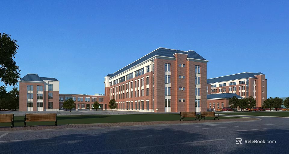 Red Brick Multi Story School Building With Green Lawn Trees And Open Plaza 3d model 