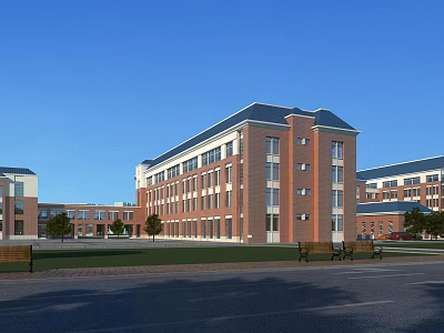 Red Brick Multi Story School Building With Green Lawn Trees And Open Plaza 3d model