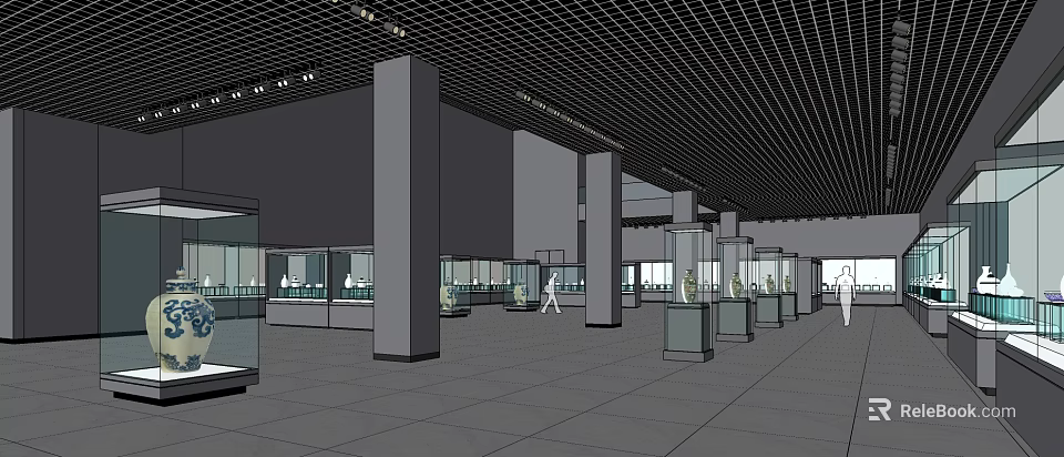 Spacious Cultural Center Interior With Glass Display Cases Columns And Exhibits 3d model 
