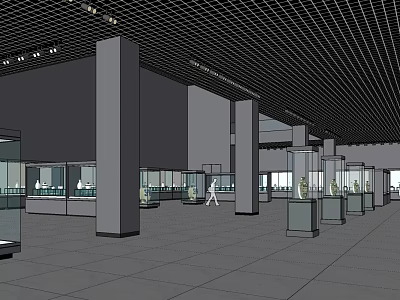 Spacious Cultural Center Interior With Glass Display Cases Columns And Exhibits 3d model