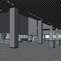 Spacious Cultural Center Interior With Glass Display Cases Columns And Exhibits