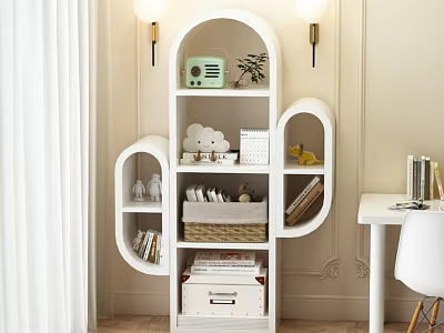 White Cloud Shaped Bookcase With Radio Plant Calendar Books Baskets And Storage Drawers 3d model