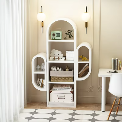 White Cloud Shaped Bookcase With Radio Plant Calendar Books Baskets And Storage Drawers 3d model