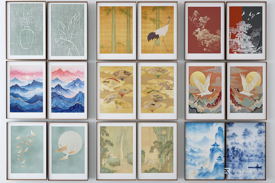 Various Framed Landscape Paintings With Mountain Water Crane Moon And Bamboo Arranged In Multiple Rows 3d model 