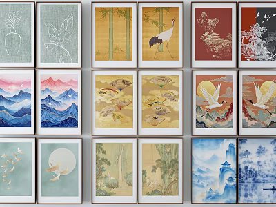 Various Framed Landscape Paintings With Mountain Water Crane Moon And Bamboo Arranged In Multiple Rows 3d model