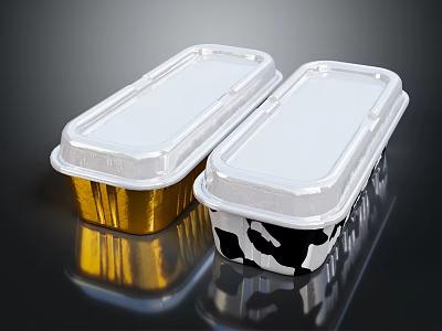 Gold And Black White Cow Pattern Aluminum Foil Tableware Set On Reflective Black Background 3d model