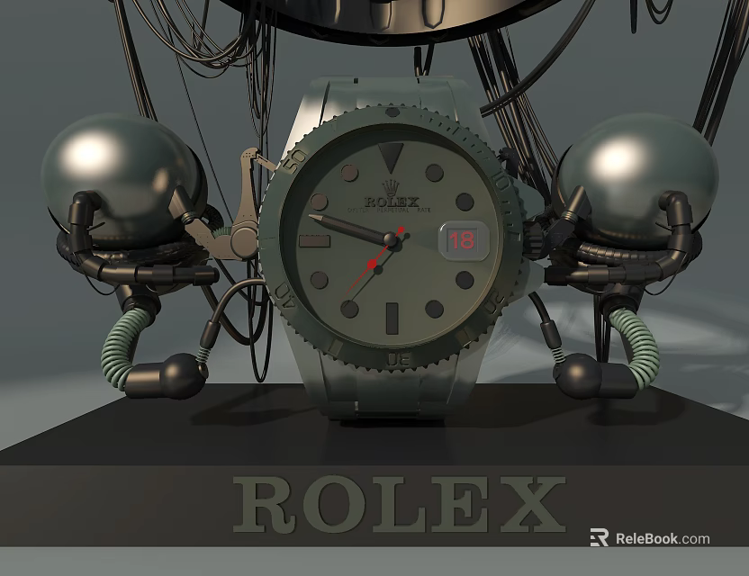 Rolex Watch Creative Window Display With Mechanical Figures And Exhibition Setup 3d model 