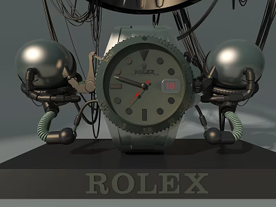 Rolex Watch Creative Window Display With Mechanical Figures And Exhibition Setup 3d model