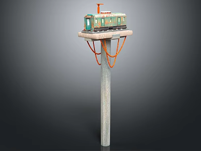 Miniature Train Model On Pole Mounted Platform With Orange Ropes And Colorful Design 3d model