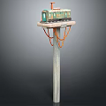 Miniature Train Model On Pole Mounted Platform With Orange Ropes And Colorful Design