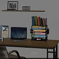 Organized Office Desk Setup With Laptop Multi Layer File Organizer Shelf And Coffee Cup 3d model