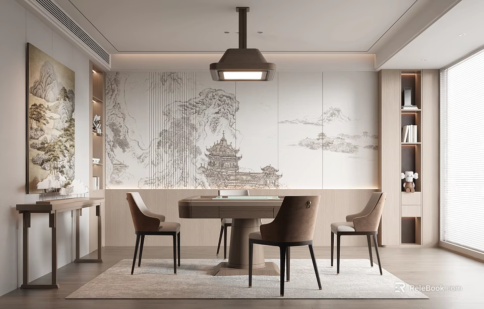 New Chinese Style Dining Room With Round Table And Landscape Mural 3d model 