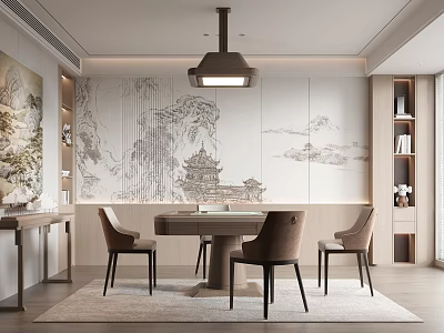 New Chinese Style Dining Room With Round Table And Landscape Mural 3d model