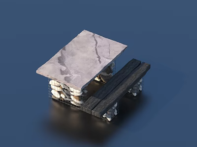 Square Marble Top Stool With Stone Base And Black Wooden Accents 3d model