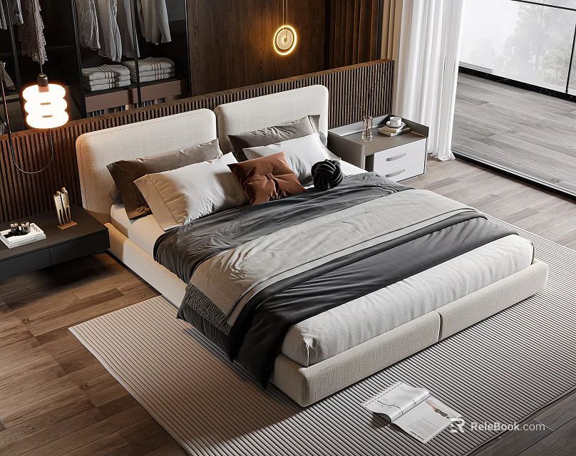 Modern Double Bed With Beige And Gray Upholstered Multiple Pillows Nightstands And Wooden Wall 3d model 