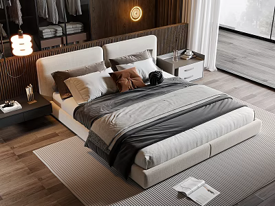 Modern Double Bed With Beige And Gray Upholstered Multiple Pillows Nightstands And Wooden Wall 3d model