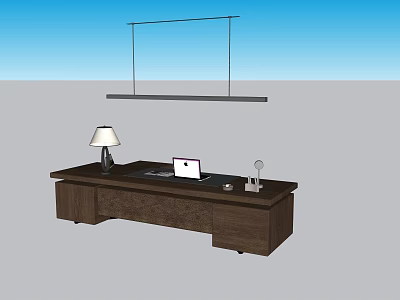Dark Wooden Office Desk With Spacious Desktop Table Lamp And Laptop 3d model