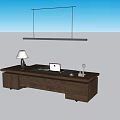 Dark Wooden Office Desk With Spacious Desktop Table Lamp And Laptop