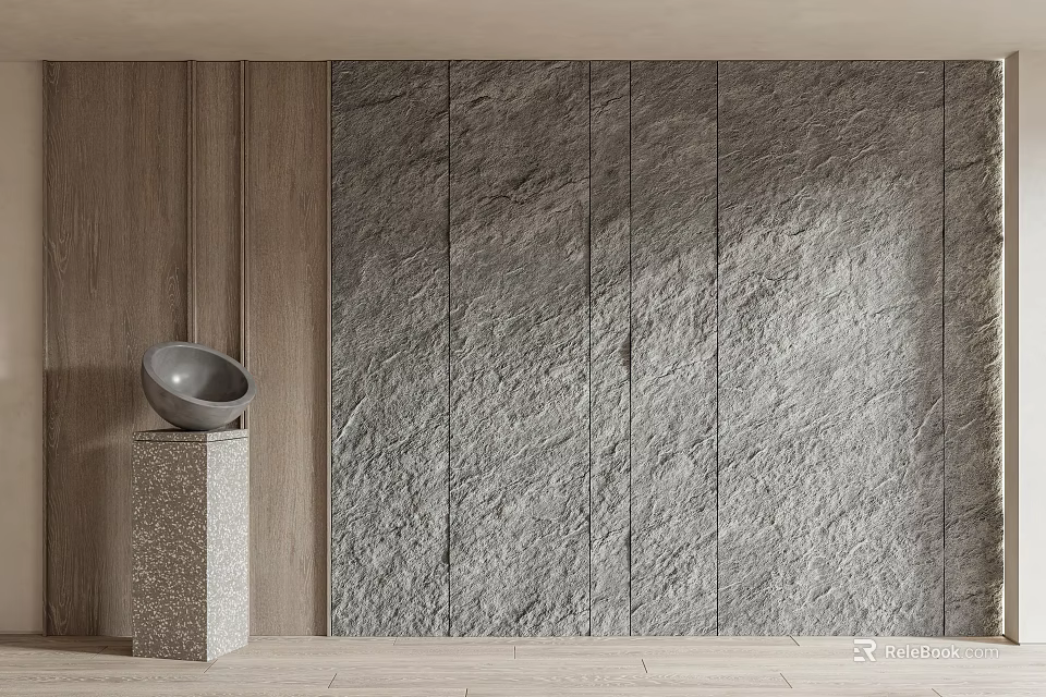 Textured Stone Background Wall With Wooden Panel And Decorative Bowl Pedestal 3d model 