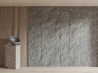 Textured Stone Background Wall With Wooden Panel And Decorative Bowl Pedestal 3d model