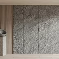 Textured Stone Background Wall With Wooden Panel And Decorative Bowl Pedestal
