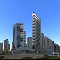 Modern High Rise Buildings in Urban Commercial Area With Pedestrians and Greenery