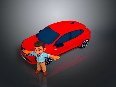 Red Car with Little Boy Standing Next to It Open Arms Gesture 3d model