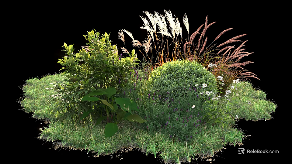 Ornamental Shrubs With Green Foliage White Flowers And Grass In Garden Landscape 3d model 