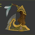 Fantasy Weapon With Silver Blade And Golden Decoration Wooden Handle Green Gem Eye Feather Ornament