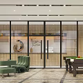 Modern Office Interior With Billiard Table Green Sofa Pendant Lights Large Windows And Outdoor Views