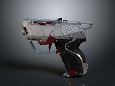 Futuristic Sci Fi Pistol With Silver Red Metallic Design And Black Grip 3d model