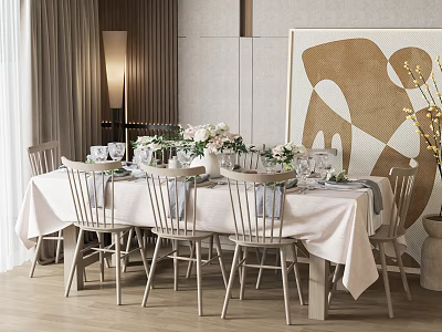 Elegant Dining Table Set With White Tablecloth Floral Centerpiece Tableware Chairs And Abstract Wall Art 3d model
