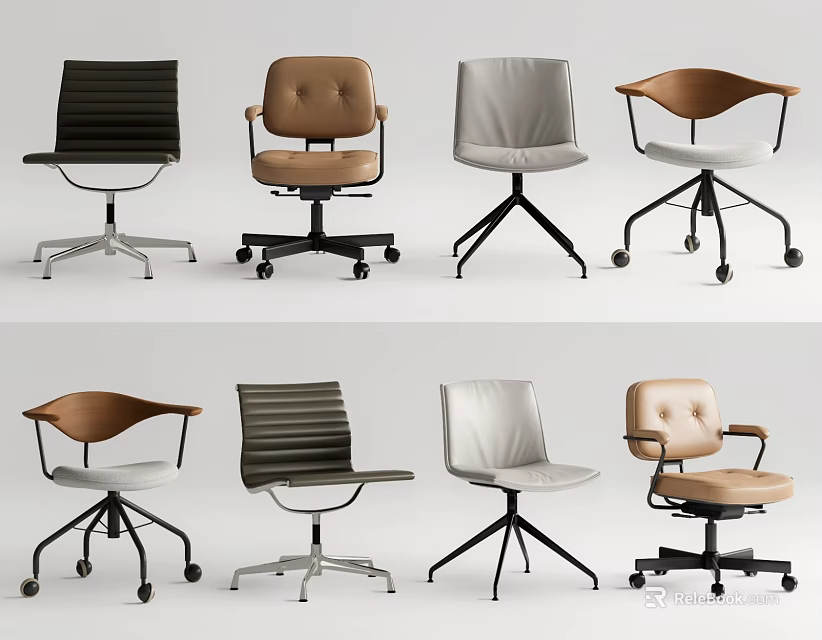 Various Modern Office Chairs With Leather Seats Wheels Metal Bases And Wooden Arms 3d model 