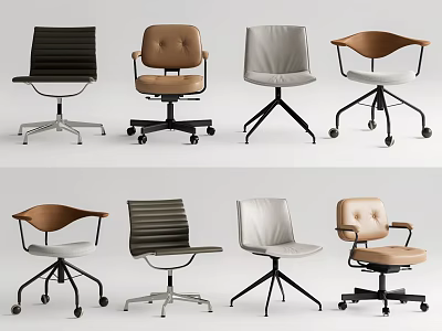Various Modern Office Chairs With Leather Seats Wheels Metal Bases And Wooden Arms 3d model
