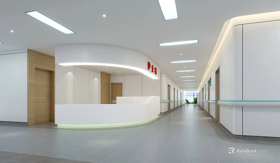 Hospital Corridor Interior Design With White Reception Desk Wooden Doors And Ceiling Lights 3d model 