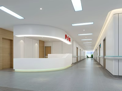 Hospital Corridor Interior Design With White Reception Desk Wooden Doors And Ceiling Lights 3d model