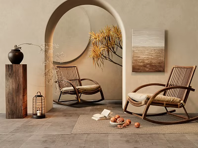 Cozy Wooden Rocking Chairs With Cushions In Room With Arched Doorway Decorative Painting And Plants 3d model